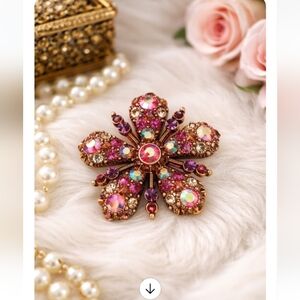 Joan Rivers Crystal Flower Brooch – Pink Aurora Borealis Rhinestones – Gold Tone